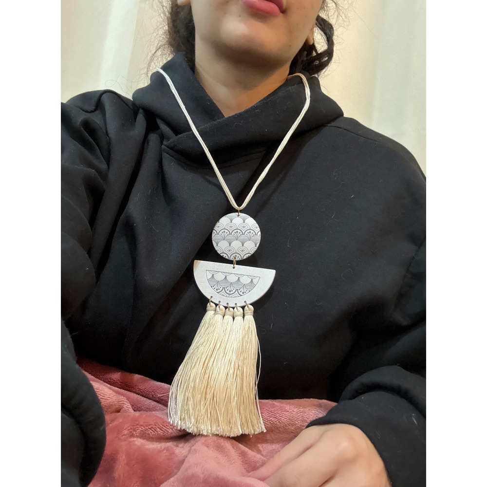 4-EST. 1946 Pumice Stone Tribal Long Wooden Necklace With Fringe Cream Boho